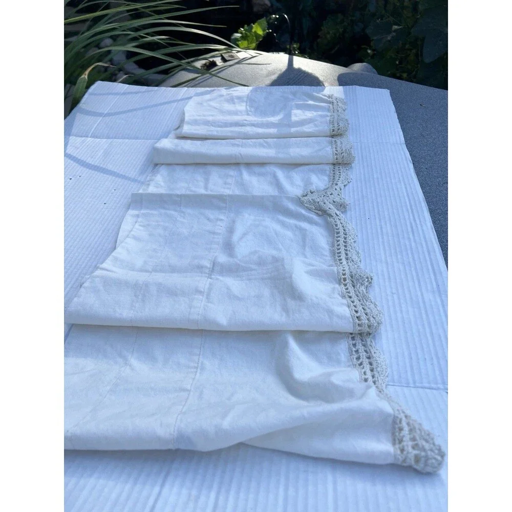 Vintage Handmade Cotton Café Curtain Panel w/ Hand Crochet Lace Trim 56”